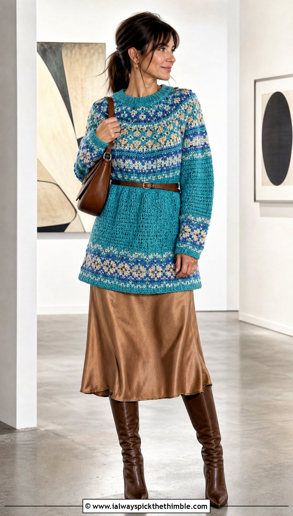 Tunic Length Crochet Fairisle Sweater Over A Slip Dress - 15 Crochet Fairisle Sweater outfit ideas