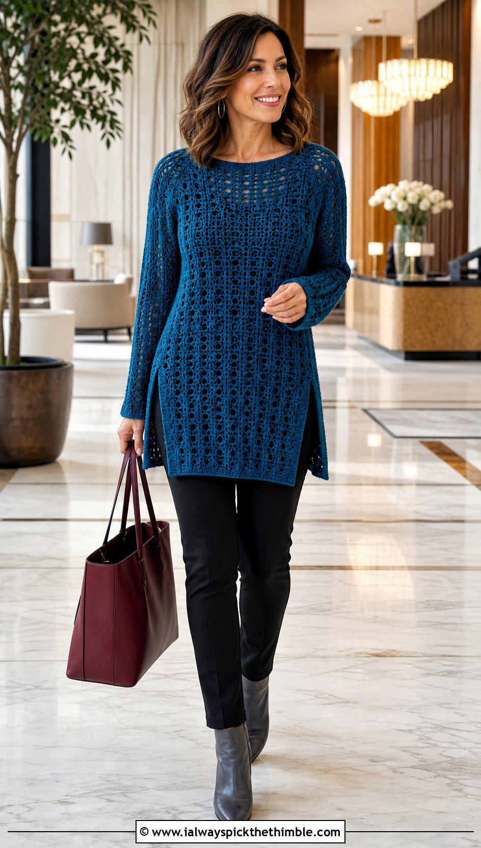Tunic Length Crochet Jumper With Slim Trousers - 25 easy crochet jumper outfit ideas