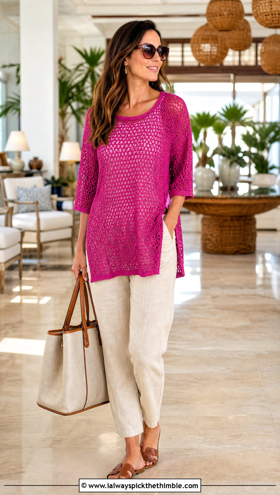 Tunic Length Crochet Mesh Top With Linen Pants - 20 crochet summer mesh top outfit ideas
