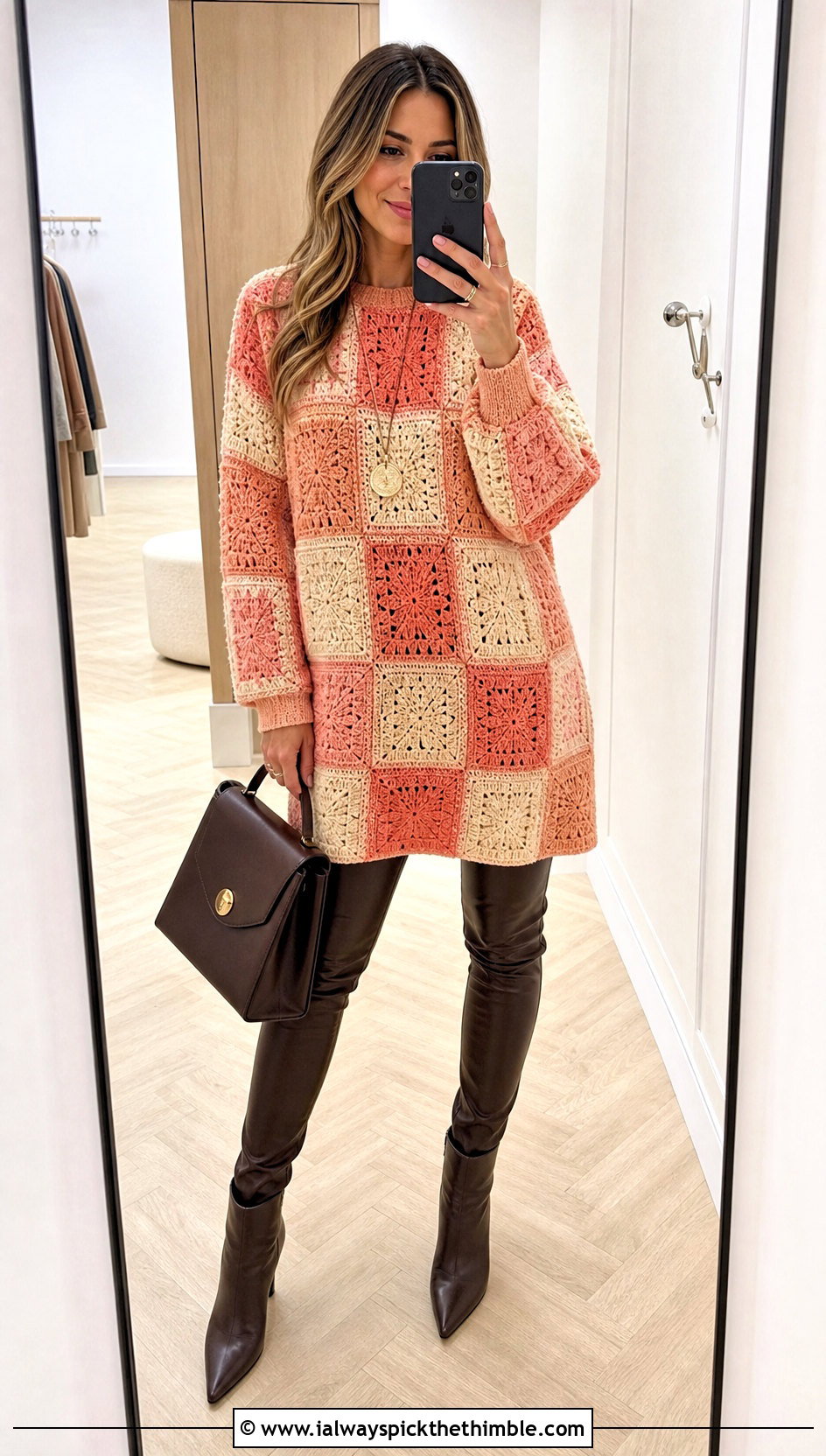 Tunic Length Crochet Patchwork Jumper With Slim Leather Pants - 15 crochet patchwork jumper outfit ideas