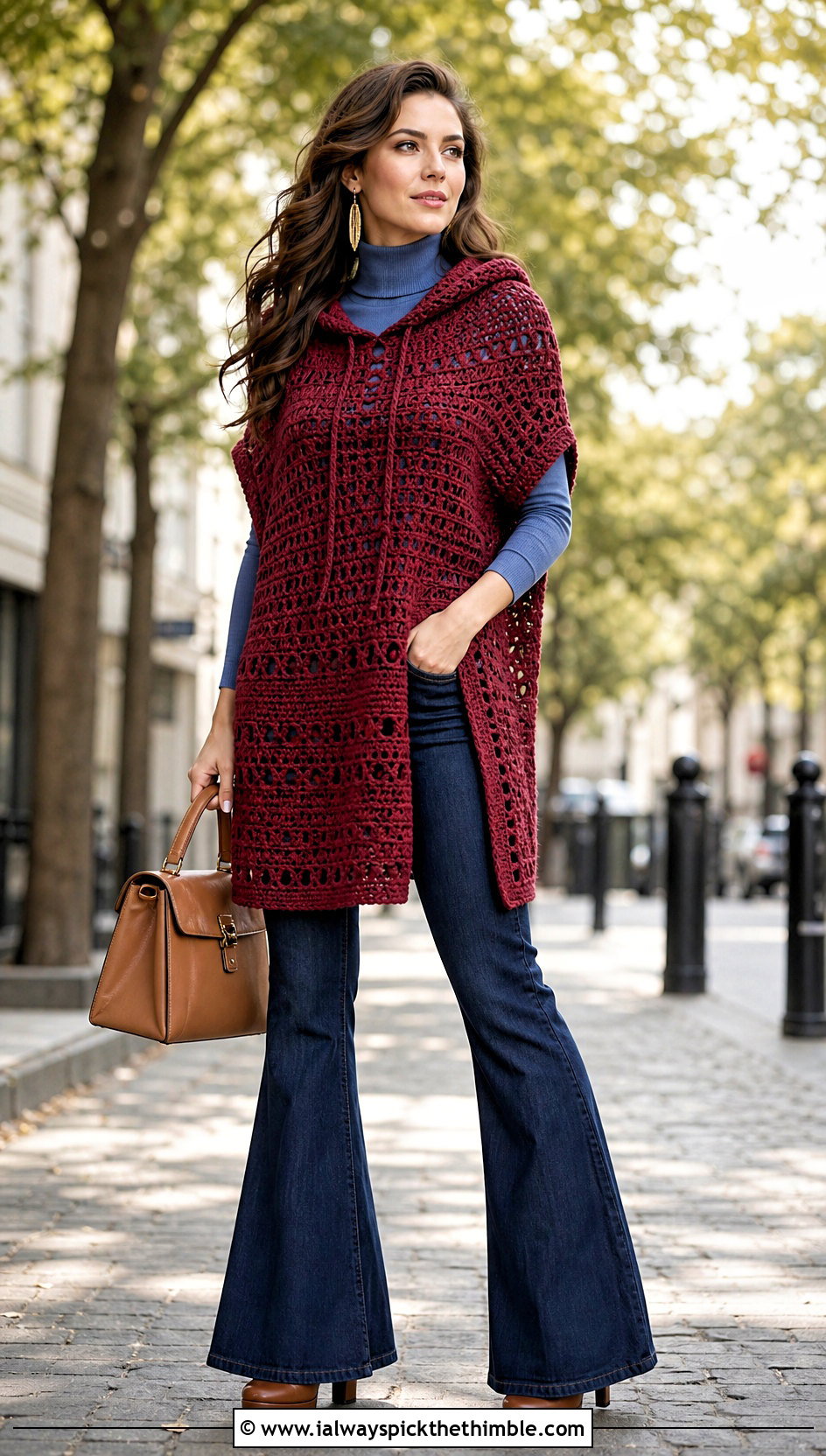 Tunic Length Crochet Poncho With Hood and Flared Jeans - 25 crochet poncho with hood outfit ideas