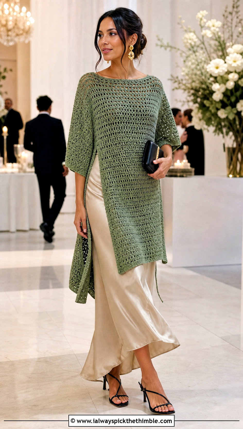 Tunic Length Crochet Poncho With Satin Slip Dress - 25 easy crochet poncho outfit ideas
