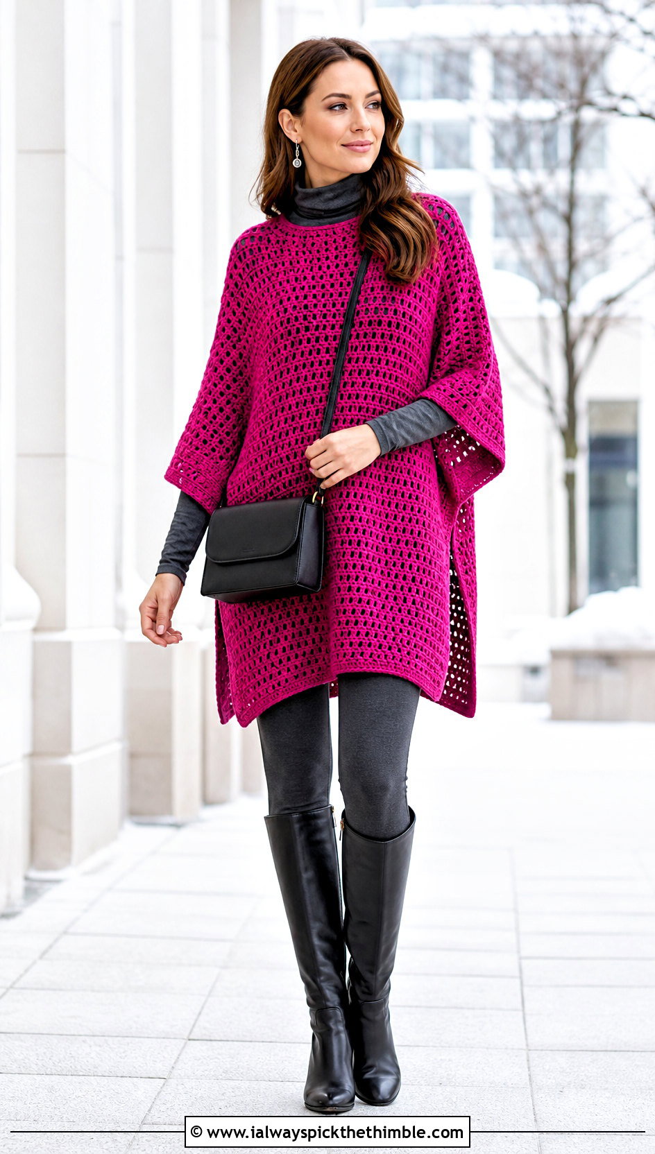 Tunic Length Crochet Poncho With Sleeves And Knee High Boots - 20 crochet poncho with sleeves outfit ideas