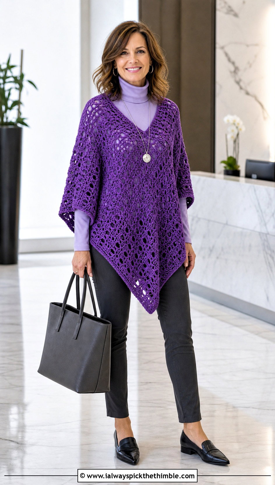 Tunic Length Crochet Poncho With Slim Pants - 25 crochet ponchos outfit ideas
