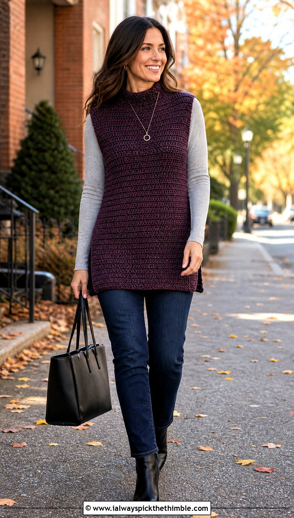 Tunic Length Crochet Sweater Vest With Slim Jeans - 20 easy crochet sweater vest outfit ideas