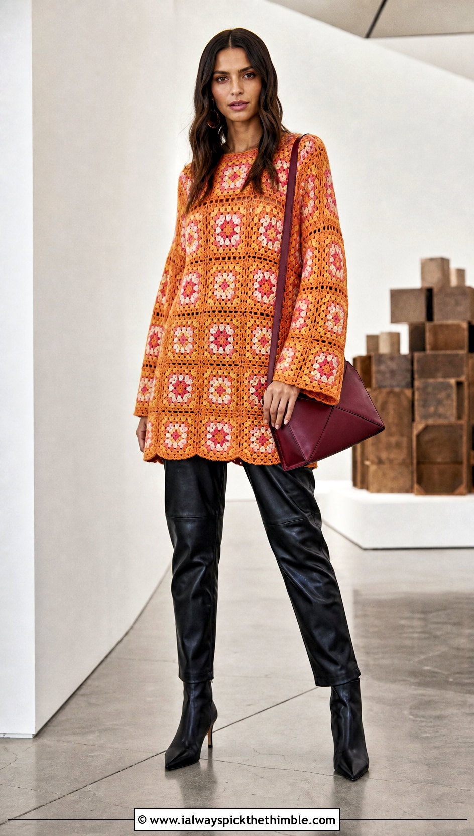 Tunic Length Granny Square Pullover With Leather Pants - 25 granny square pullover outfit ideas