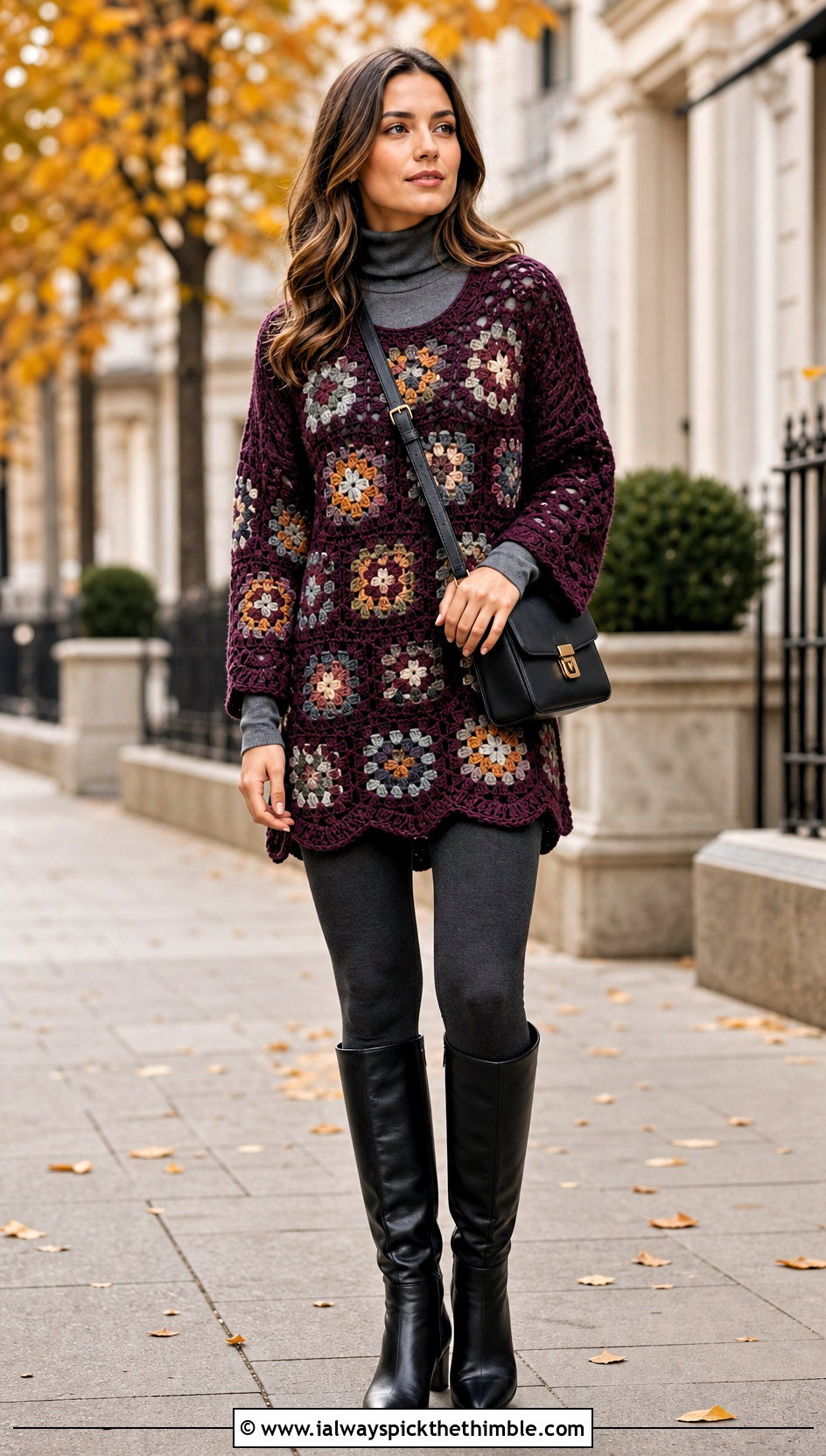 Tunic Length Granny Square Pullover With Leggings And Knee High Boots - 25 crochet granny square pullover outfit ideas