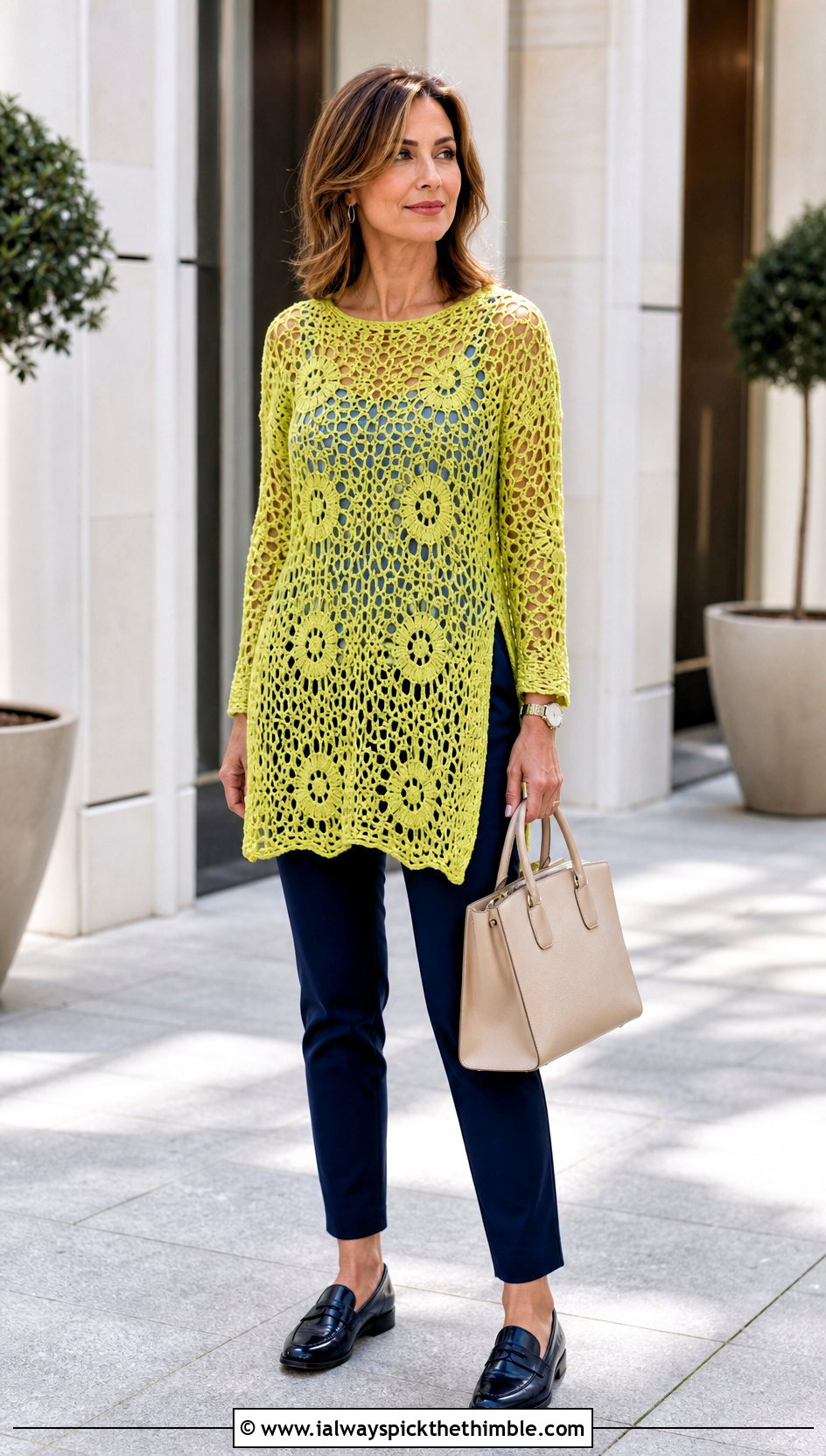 Tunic Length Openwork Crochet Round Sweater With Slim Trousers - 15 crochet round sweater outfit ideas