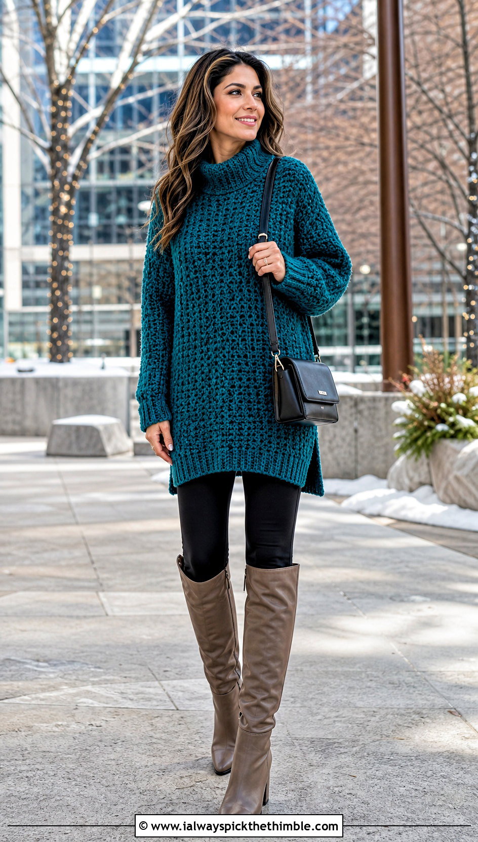 Tunic Length Oversized Crochet Sweater With Leggings And Tall Boots - 25 crochet oversized sweater outfit ideas