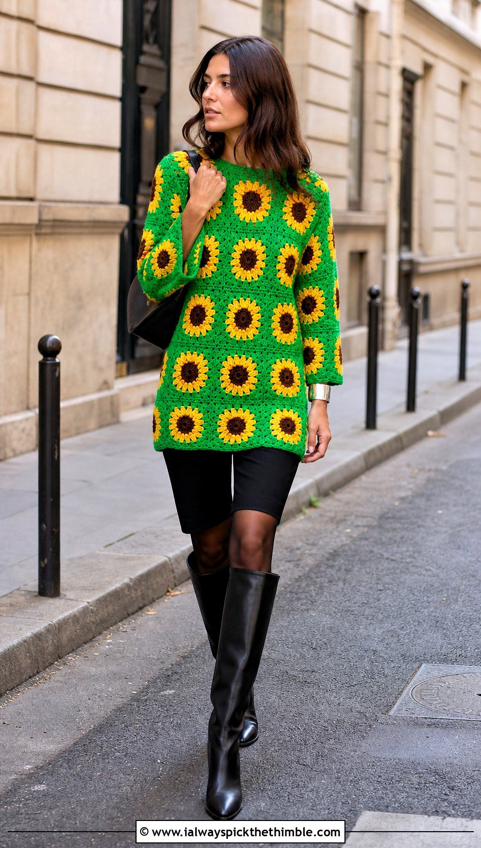 Tunic Length Sunflower Granny Square Pullover Sweater With Tailored Shorts - 15 Sunflower Granny Square Pullover Sweater outfit ideas