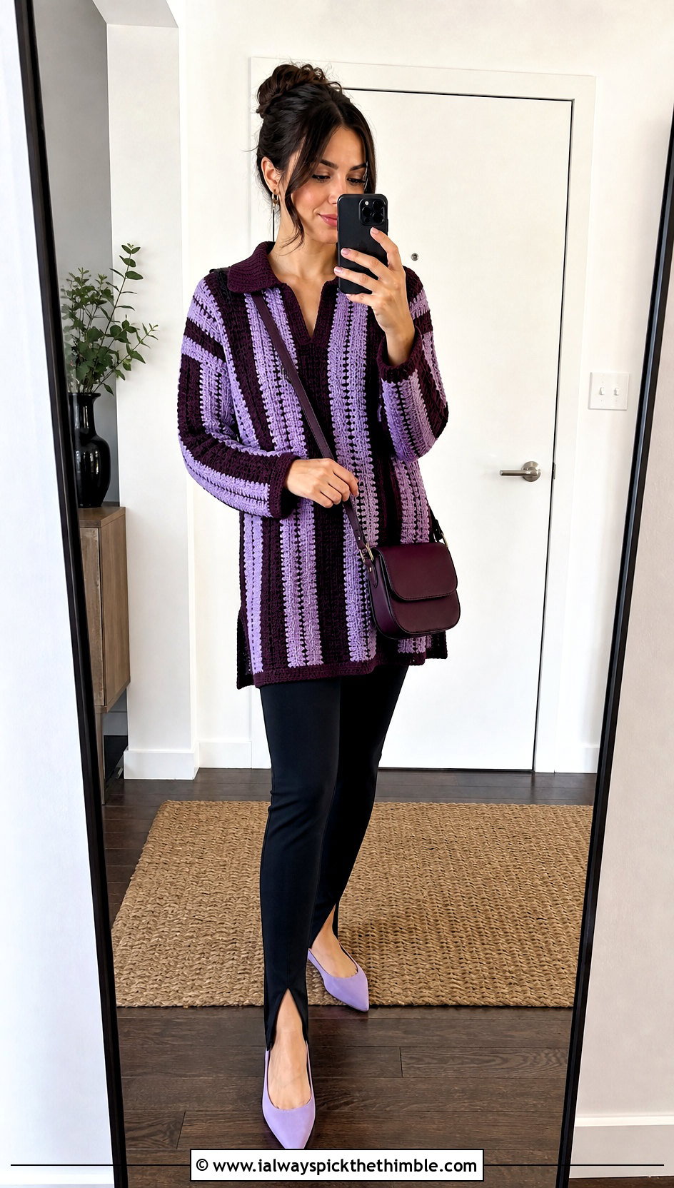 Tunic Length Vertical Stripe Crochet Sweater Polo With Leggings - 15 vertical stripe crochet sweater polo outfit ideas