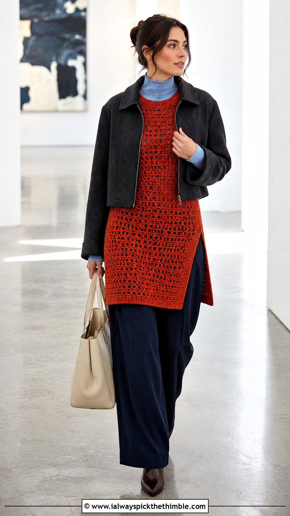 Tunic Mini Crochet Winter Dress With Wide Leg Trousers - 25 crochet winter dress outfit ideas