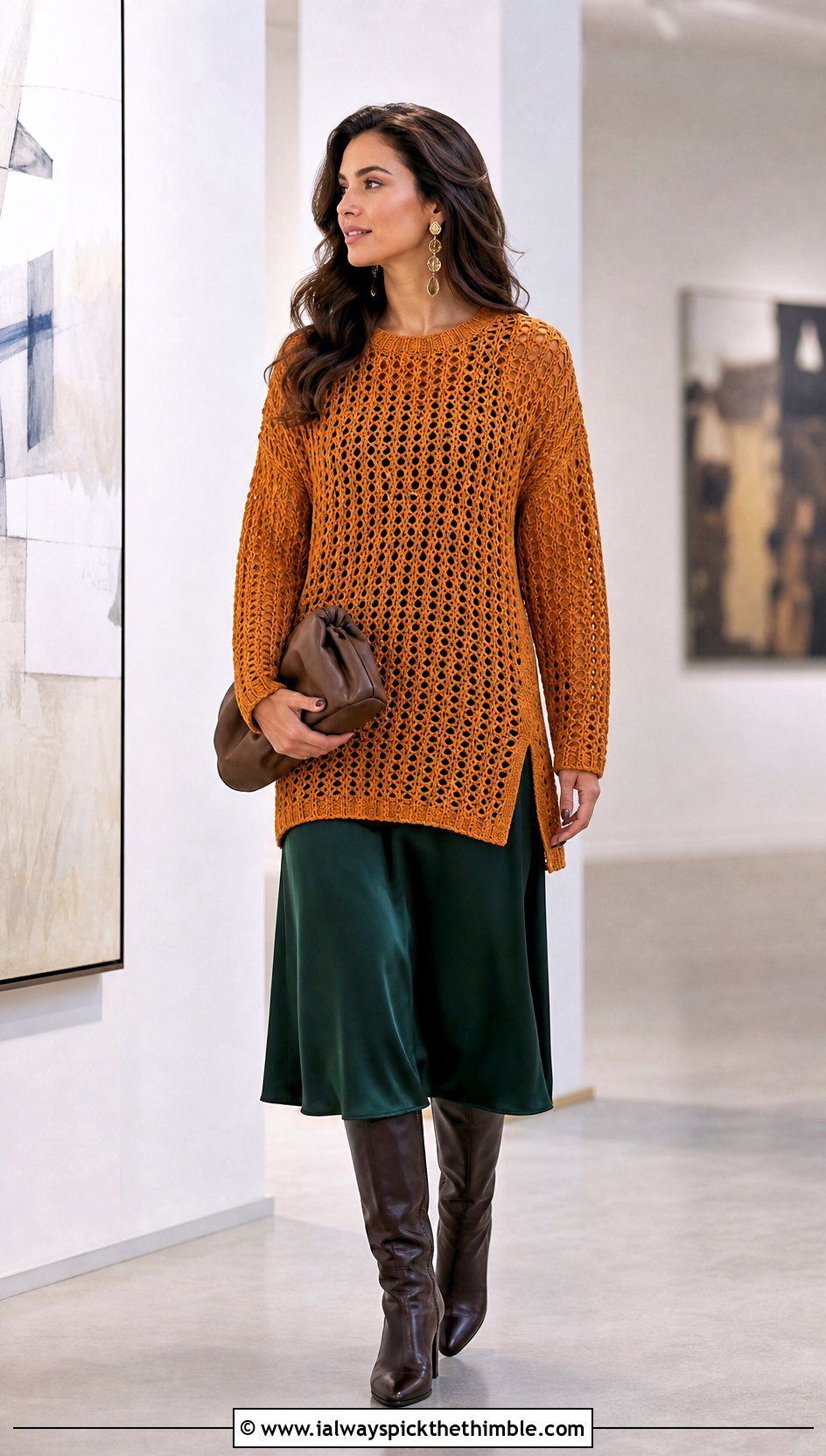 Tunic Mock Knit Crochet Sweater Over A Slip Dress - 15 Mock Knit Crochet Sweater outfit ideas