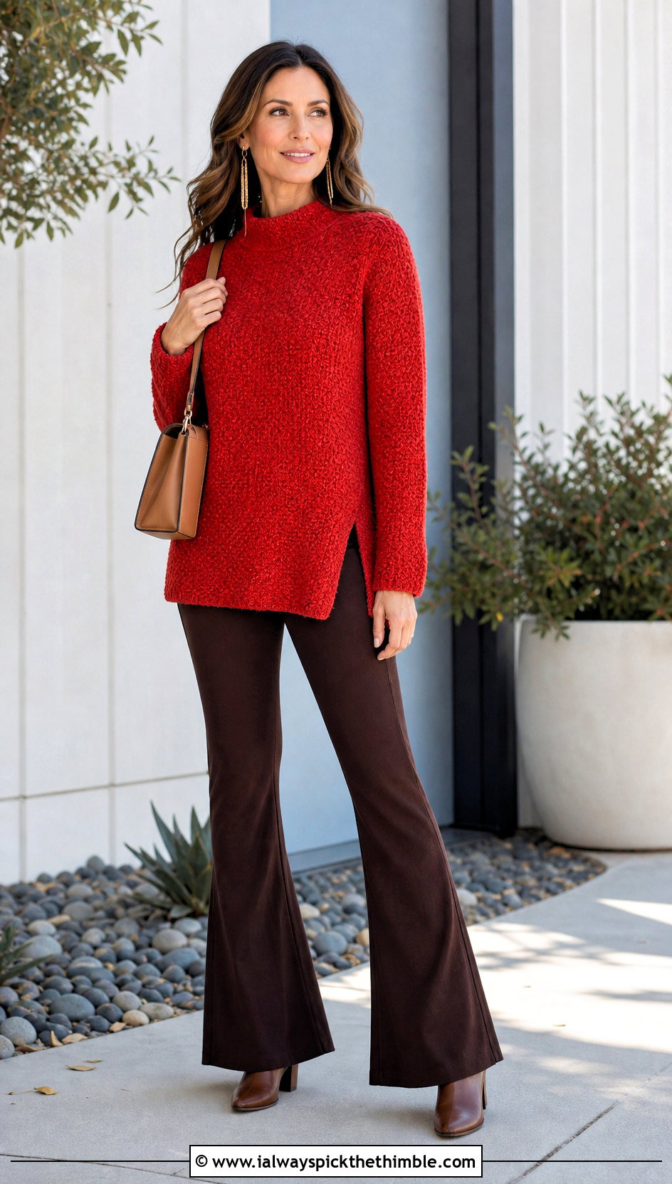 Tunic Moss Stitch Crochet Sweater With Flared Pants - 20 Moss Stitch Crochet Sweater outfit ideas