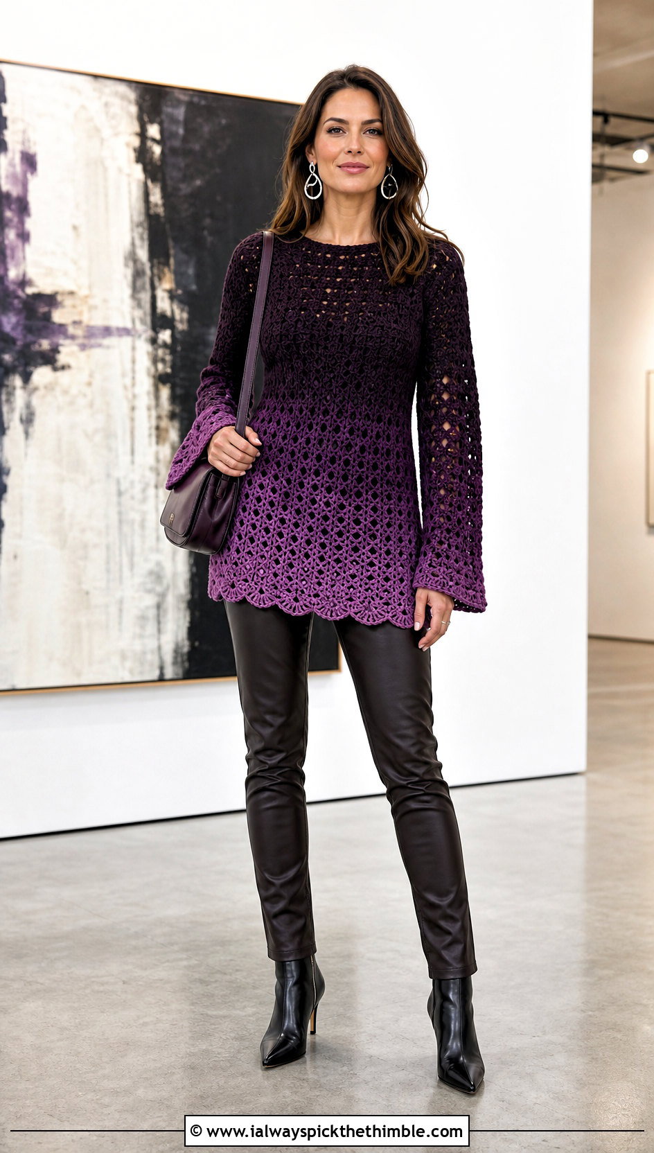 Tunic Purple Ombre Crochet Sweater With Leather Pants - 15 purple ombre crochet sweater outfit ideas