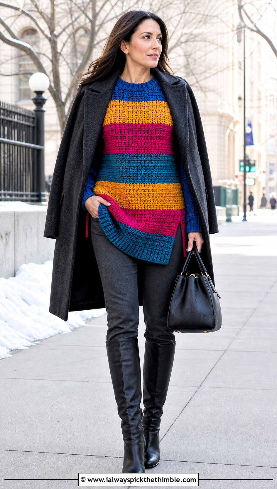 Tunic Rainbow Crochet Sweater With Knee High Boots - 20 Rainbow Crochet Sweater outfit ideas