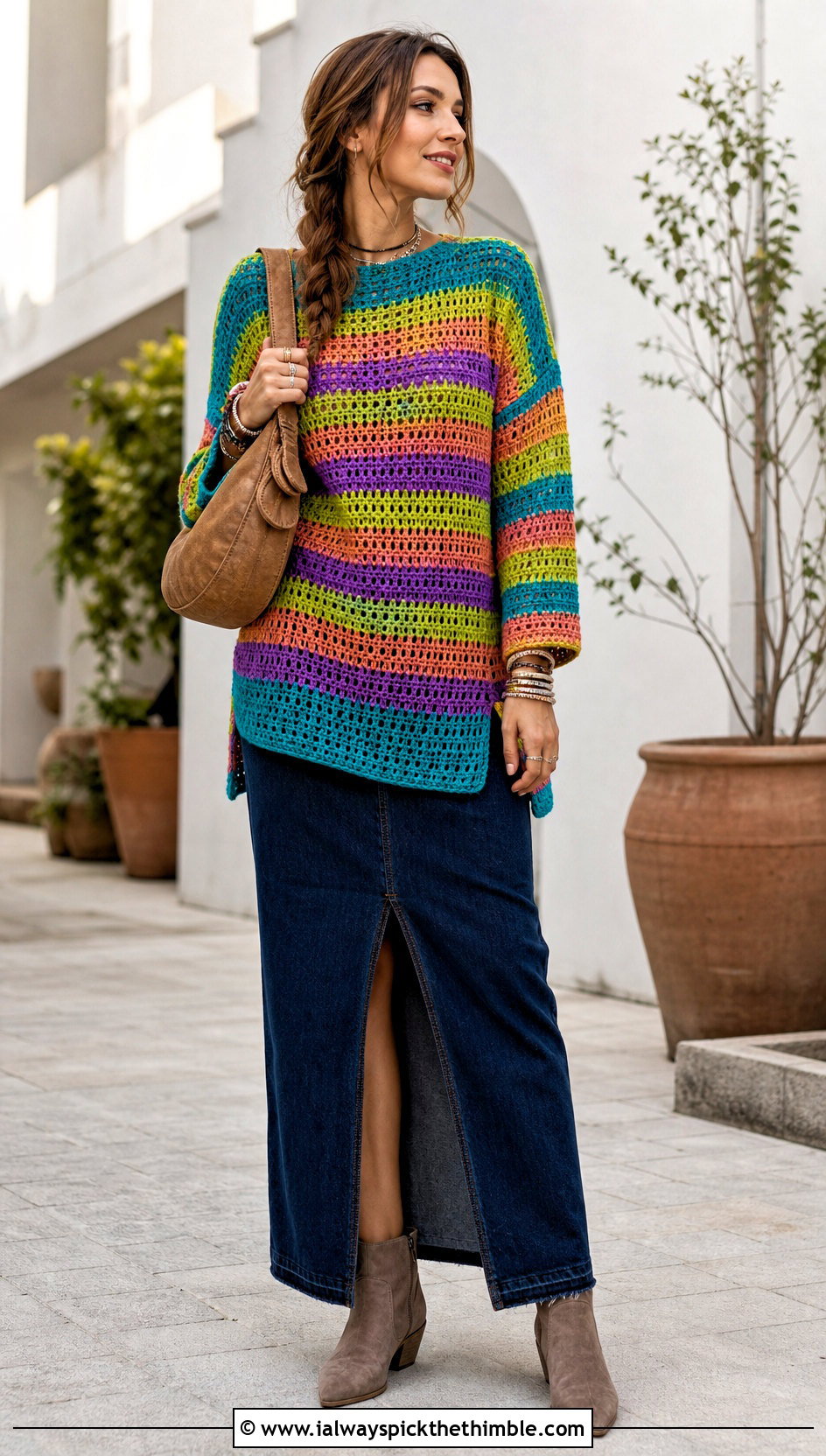 Tunic Rainbow Striped Crochet Sweater With Denim Maxi Skirt - 15 rainbow striped crochet sweater outfit ideas