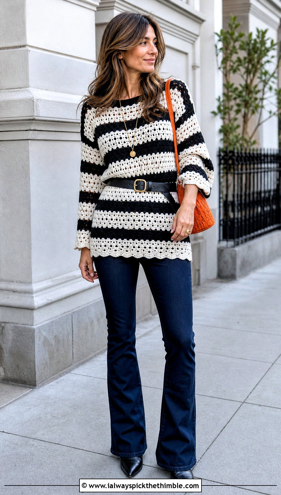 Tunic Striped Crochet Sweater With Flared Jeans - 20 black and white striped crochet sweater outfit ideas