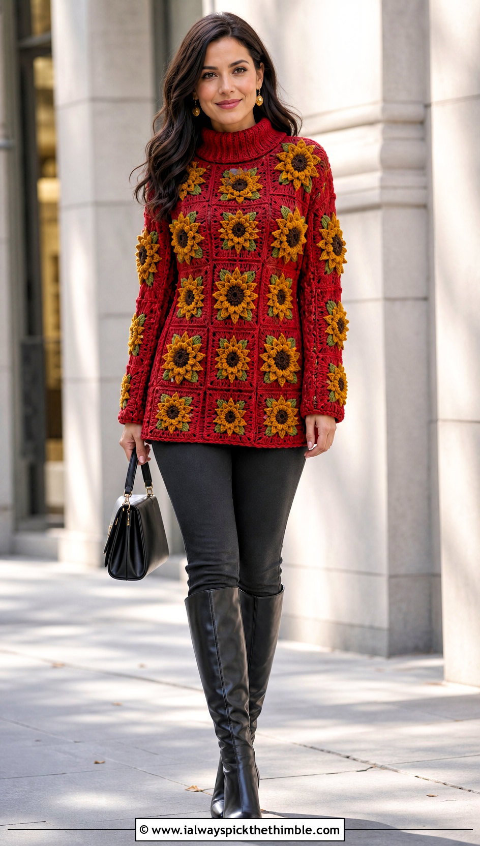 Tunic Sunflower Granny Square Sweater With Tall Boots - 20 sunflower granny square sweater outfit ideas
