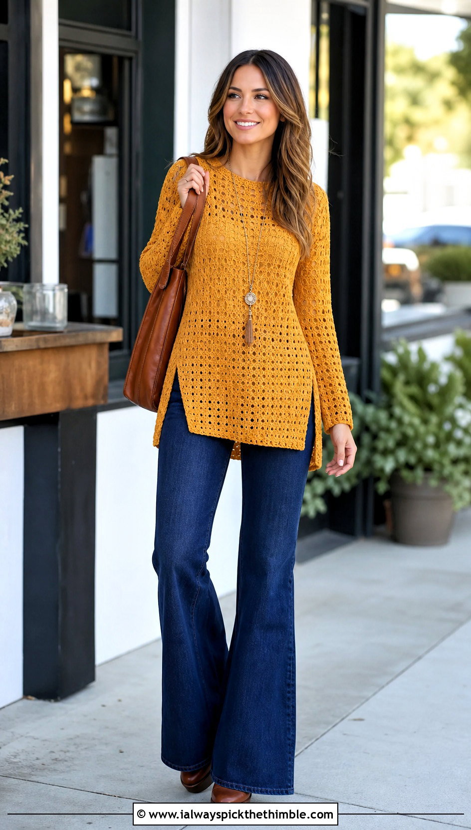 Tunic Top Down Crochet Sweater With Flared Jeans - 15 Easy Top Down Crochet Sweater outfit ideas