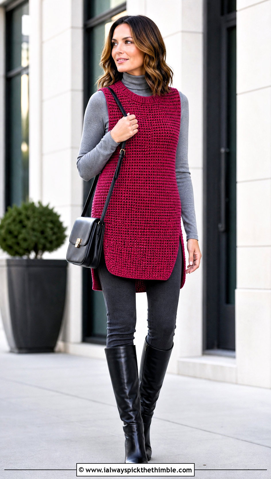 Tunic Tunisian Crochet Sweater Vest With Slim Ponte Pants - 20 tunisian crochet sweater vest outfit ideas