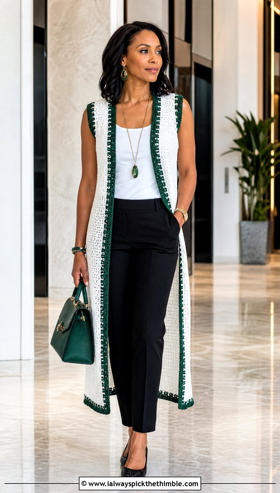 Tunic White Crochet Vest With Slim Trousers - 25 white crochet vest outfit ideas