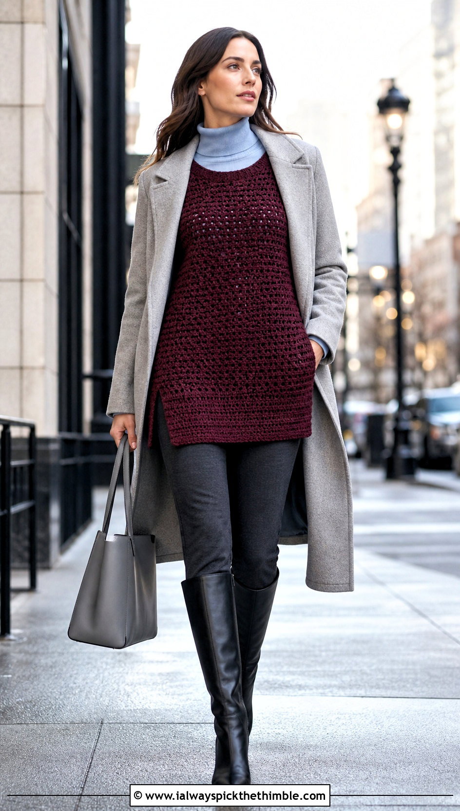 Tunic Wide Neck Crochet Sweater With Slim Pants - 15 Crochet Wide Neck Sweater outfit ideas