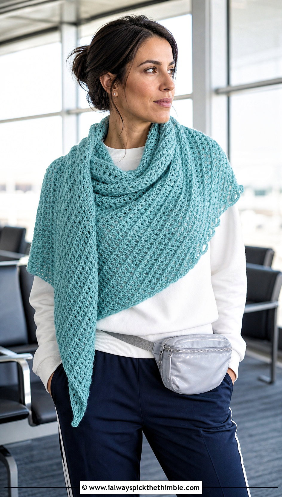 Tunisian 1 Skein Crochet Shawl With Sweatshirt And Track Pants - 15 Easy 1 Skein Crochet Shawl outfit ideas