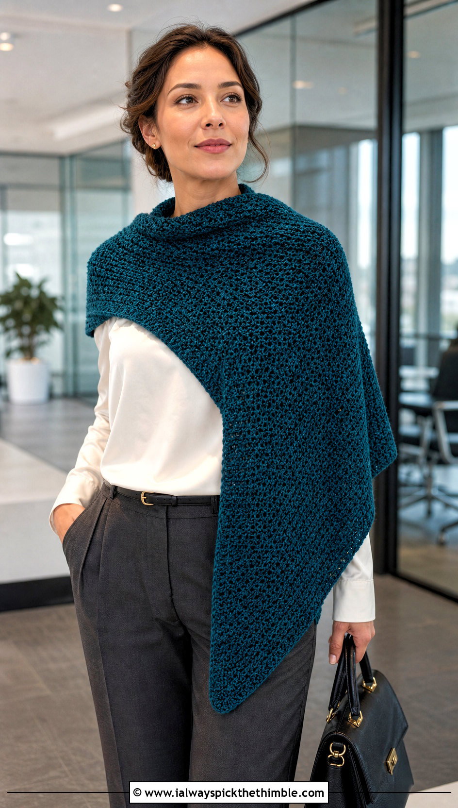 Tunisian Asymmetrical Crochet Shawl With Tailored Trousers - 20 asymmetrical crochet shawl outfit ideas