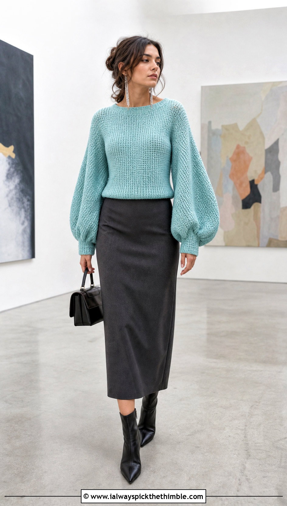 Tunisian Balloon Sleeve Pullover With Column Skirt - 20 Tunisian Crochet Pullover outfit ideas