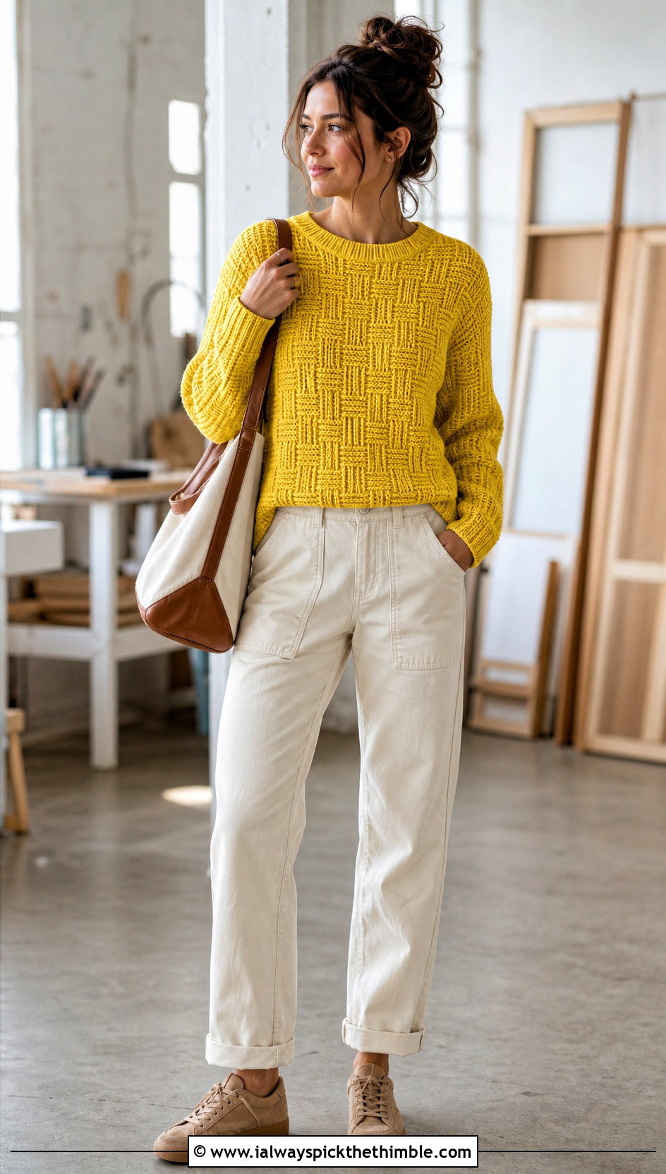 Tunisian Basketweave Pullover With Ecru Utility Pants - 20 Tunisian Crochet Pullover outfit ideas