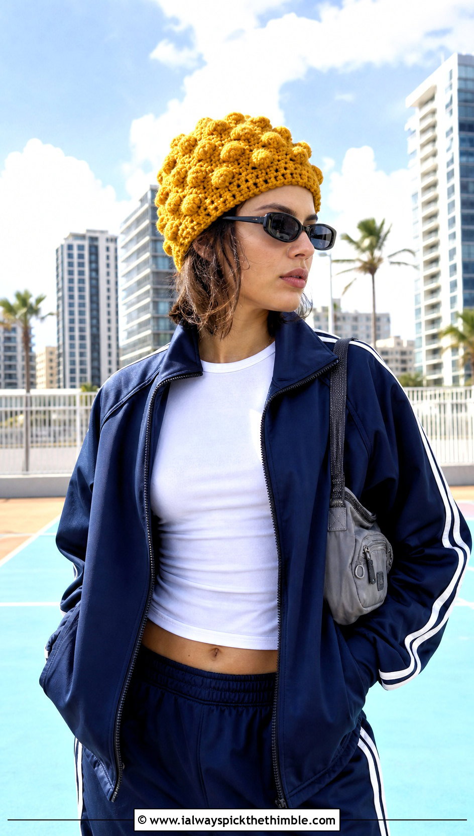 Tunisian Bobble Stitch Beanie With Sporty Track Jacket - 25 tunisian crochet beanie outfit ideas