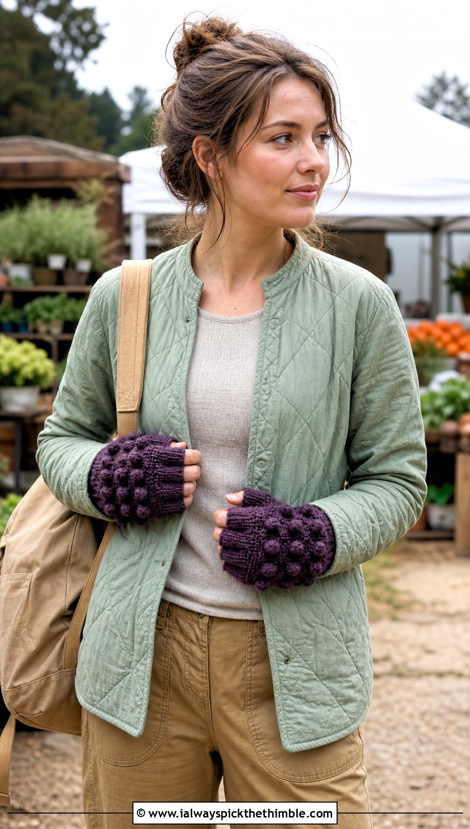 Tunisian Bobble Stitch Fingerless Gloves With Quilted Jacket - 20 tunisian crochet fingerless gloves outfit ideas
