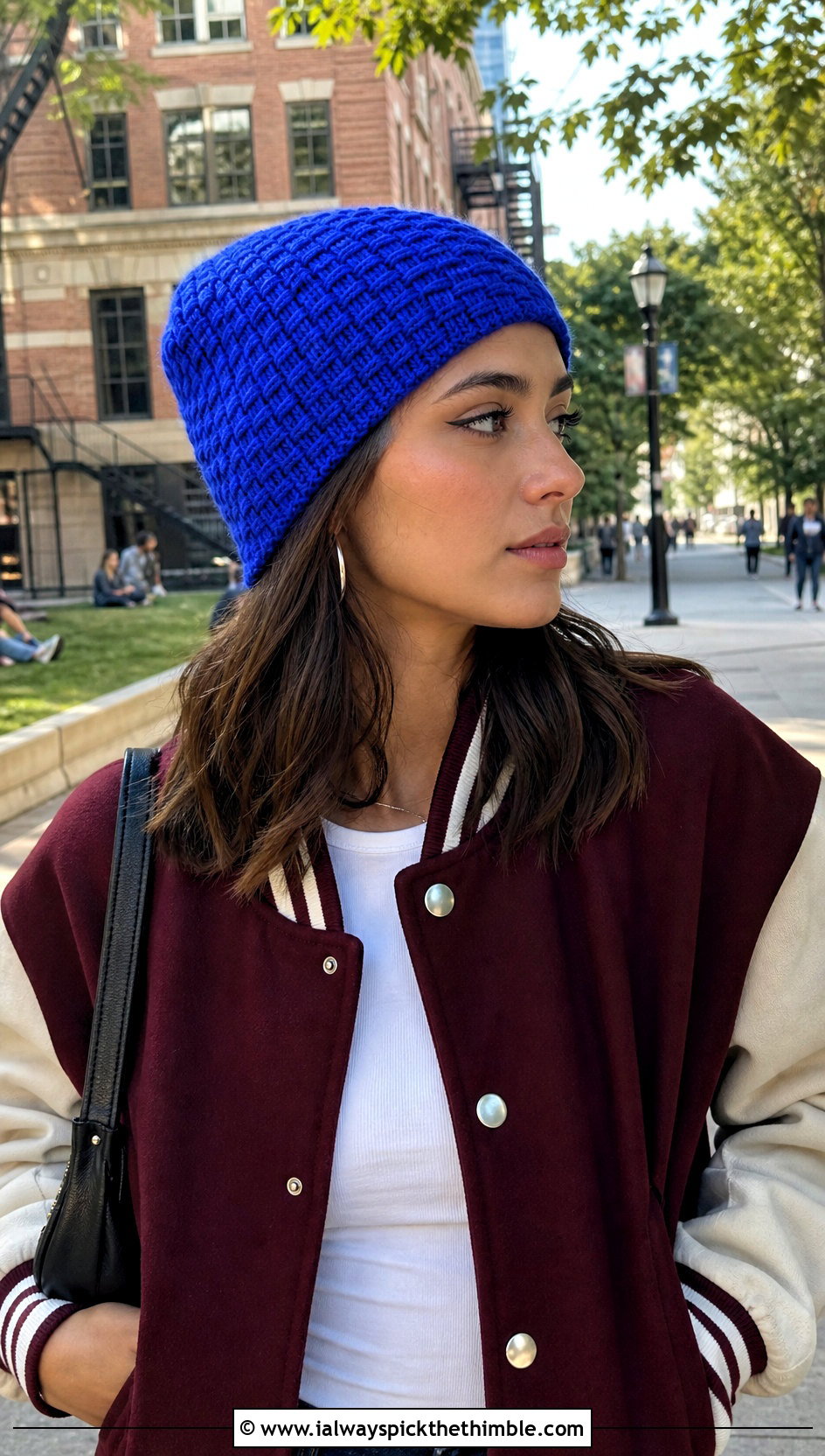 Tunisian Brick Stitch Beanie With Varsity Jacket - 25 tunisian crochet beanie outfit ideas