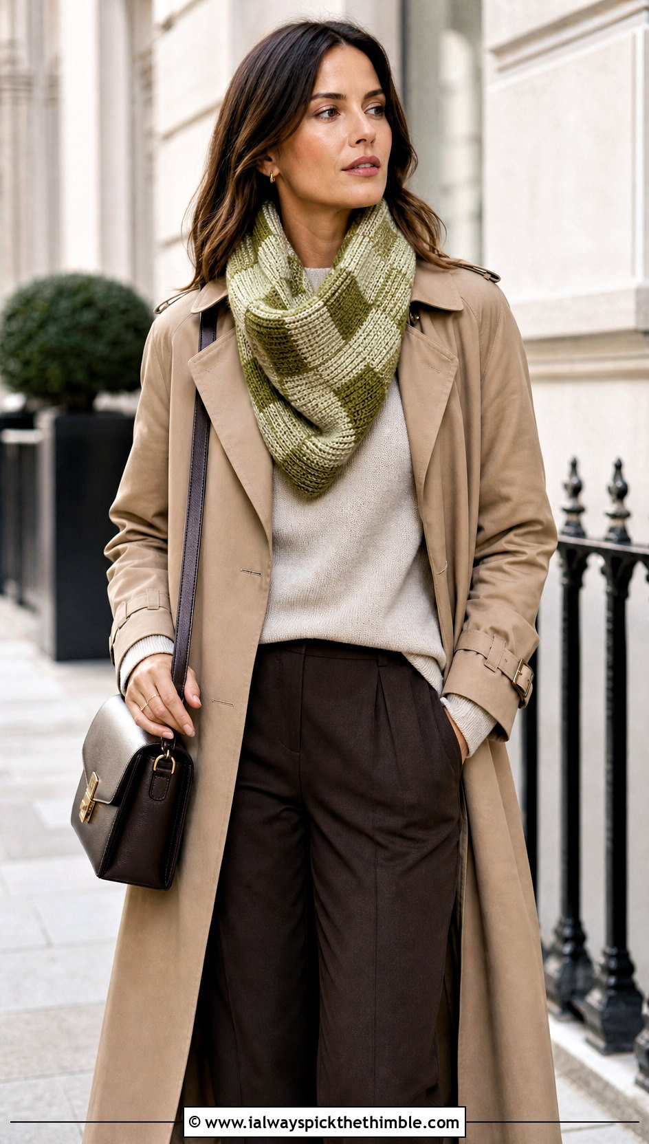 Tunisian Brick Stitch Cowl With Trench Coat - 15 Tunisian Crochet Cowl outfit ideas
