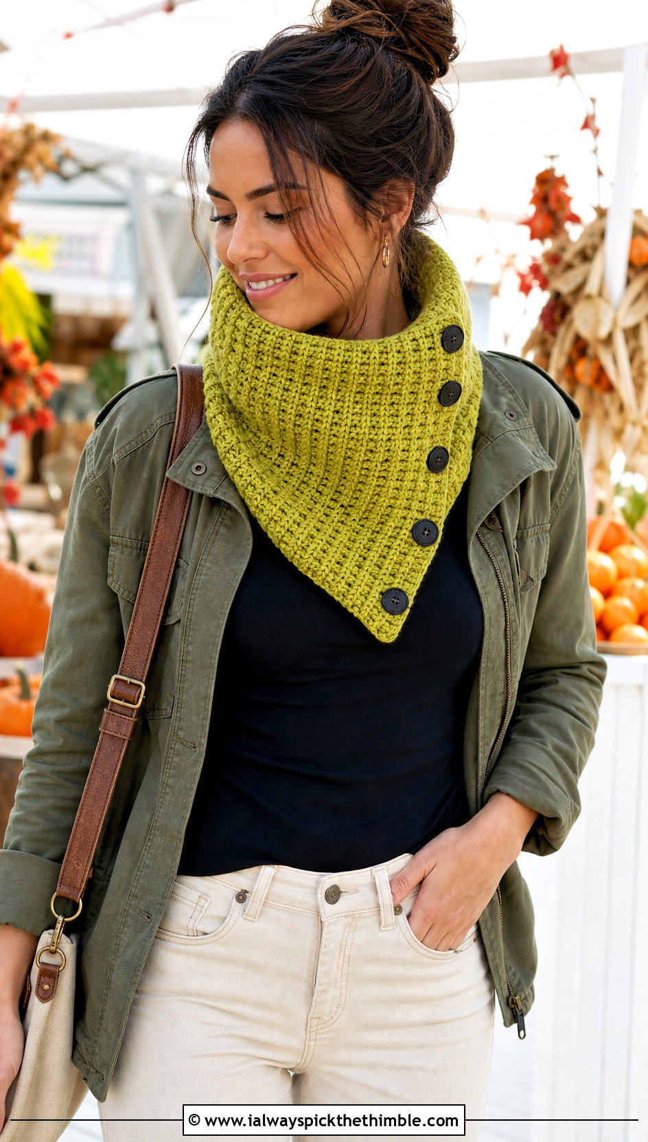 Tunisian Button Crochet Cowl With Utility Jacket - 15 Crochet Cowl With Buttons outfit ideas