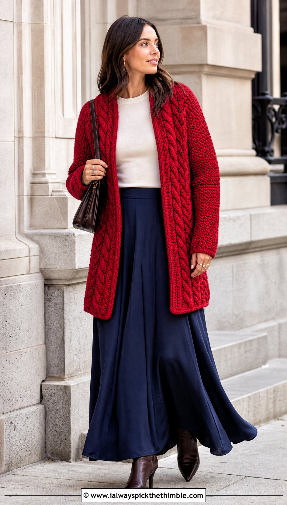 Tunisian Cable Cardigan With Maxi Skirt And Boots - 20 Crochet Cable Cardigan outfit ideas