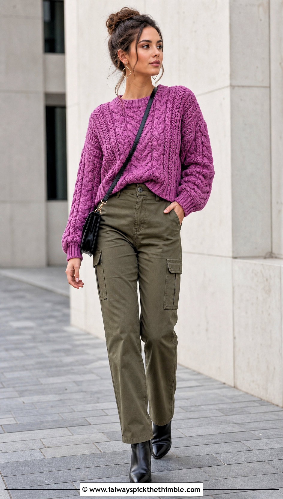 Tunisian Cable Crochet Sweater With Cargo Pants - 25 cable crochet sweater outfit ideas