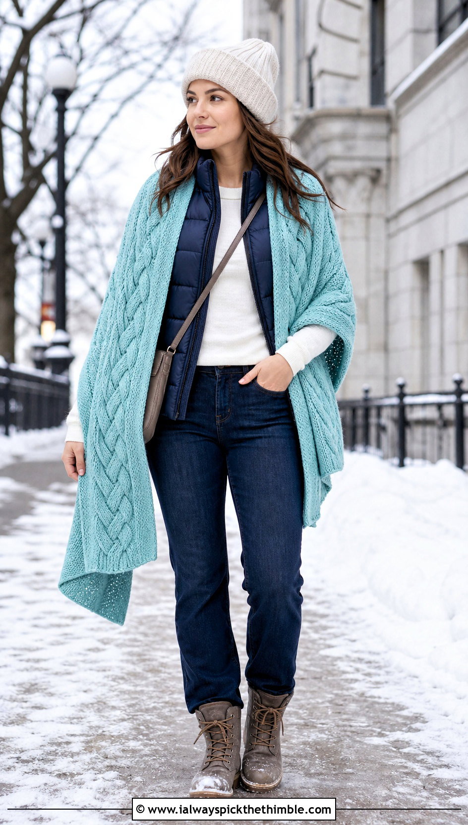Tunisian Cable Shawl With Puffer Vest - 25 tunisian crochet shawl outfit ideas