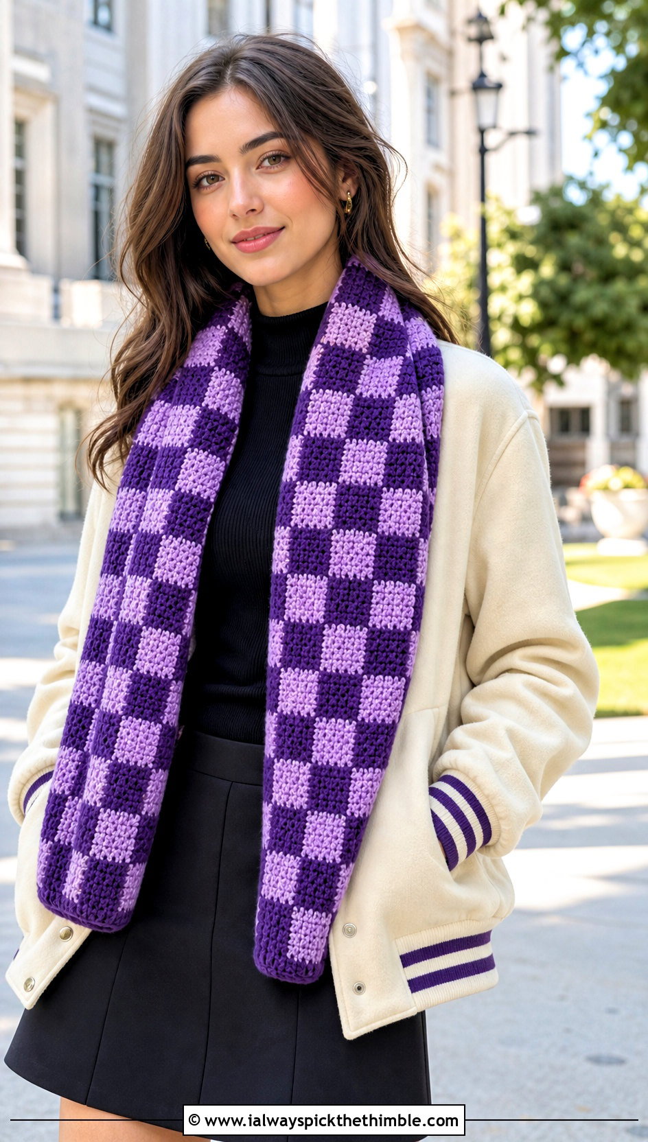 Tunisian Checkerboard Scarf With Varsity Jacket And Mini Skirt - 25 tunisian crochet scarf outfit ideas