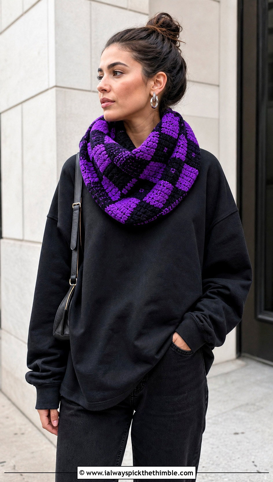 Tunisian Checkmate Cowl With Black Streetwear - 15 Tunisian Crochet Cowl outfit ideas