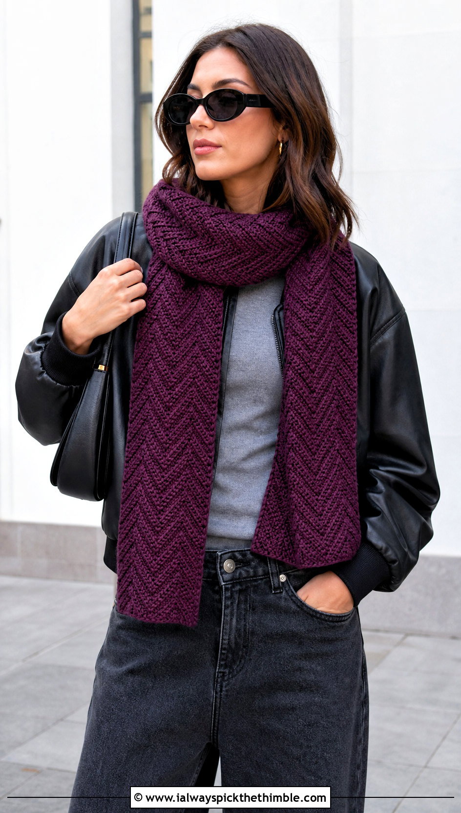 Tunisian Chevron Crochet Scarf With Leather Bomber Jacket - 20 Crochet Zig Zag Scarf outfit ideas