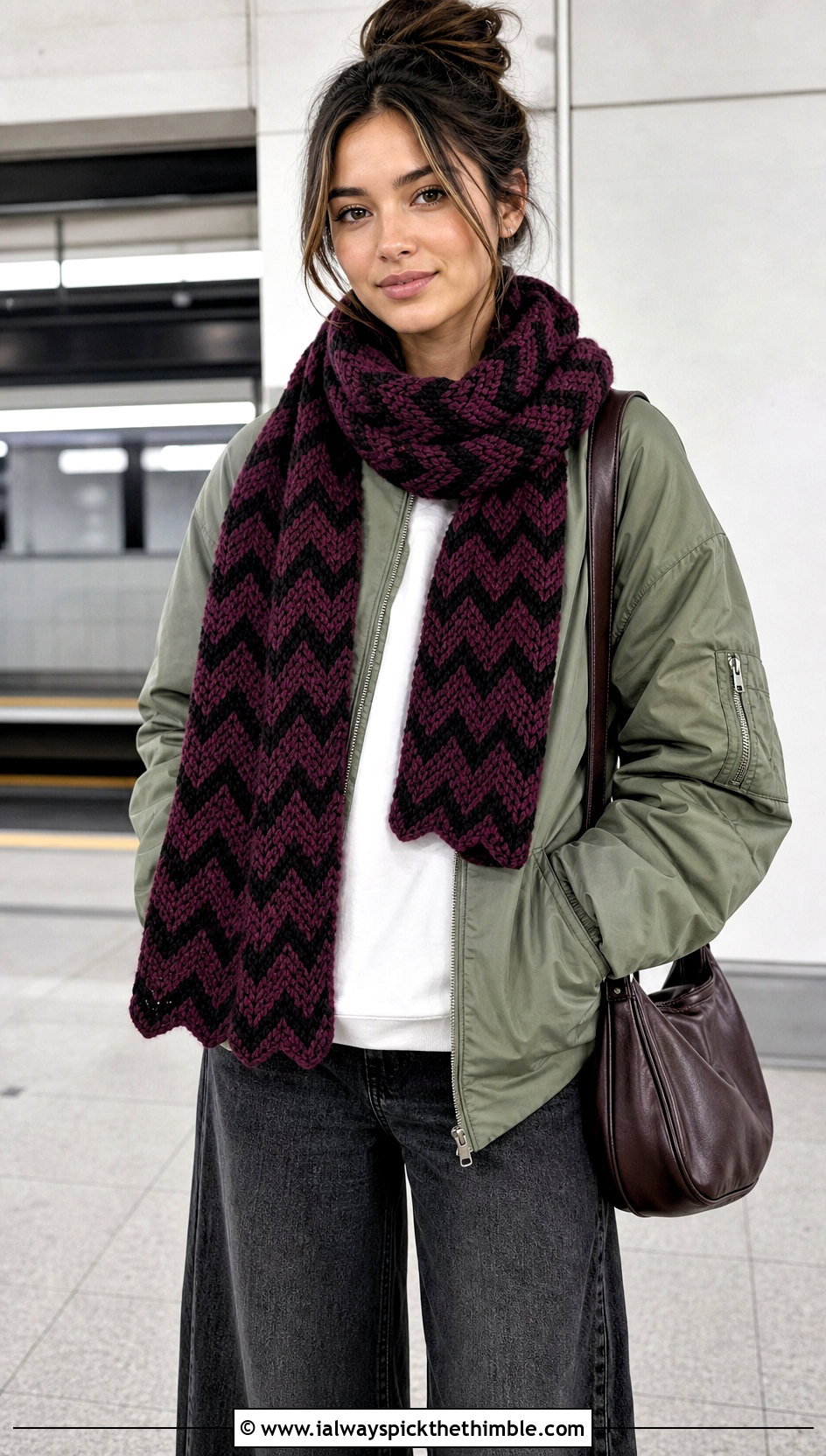 Tunisian Chevron Scarf With Bomber Jacket - 20 Easy Tunisian Crochet Scarf outfit ideas
