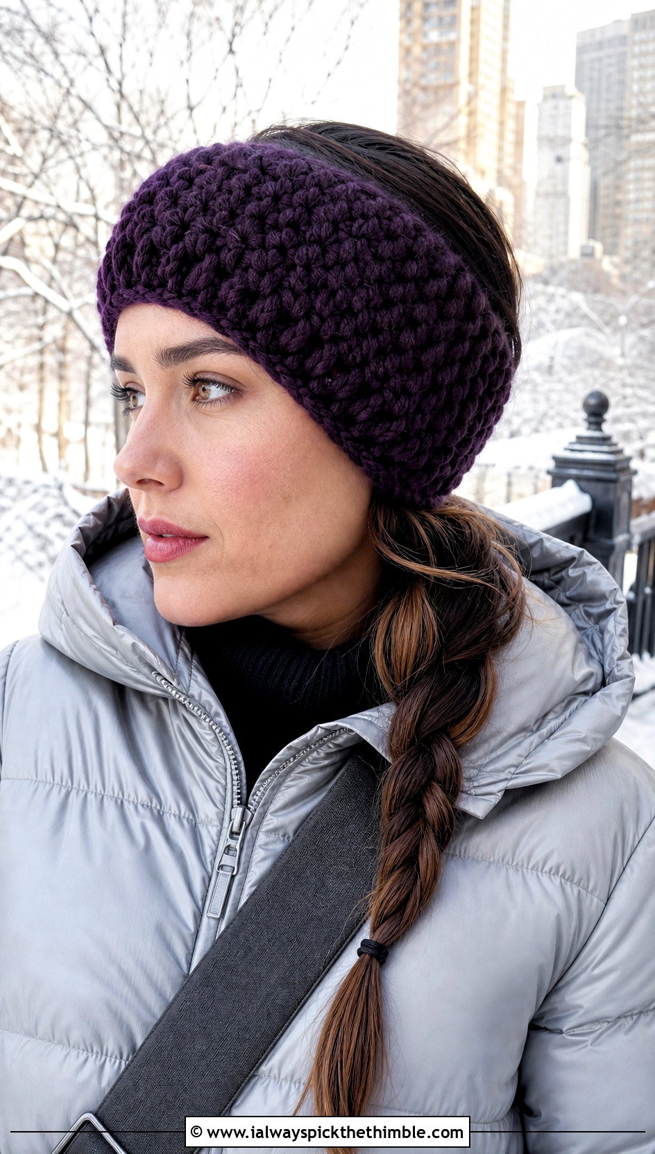 Tunisian Chunky Ear Warmer With Puffer Coat - 20 tunisian crochet headband outfit ideas