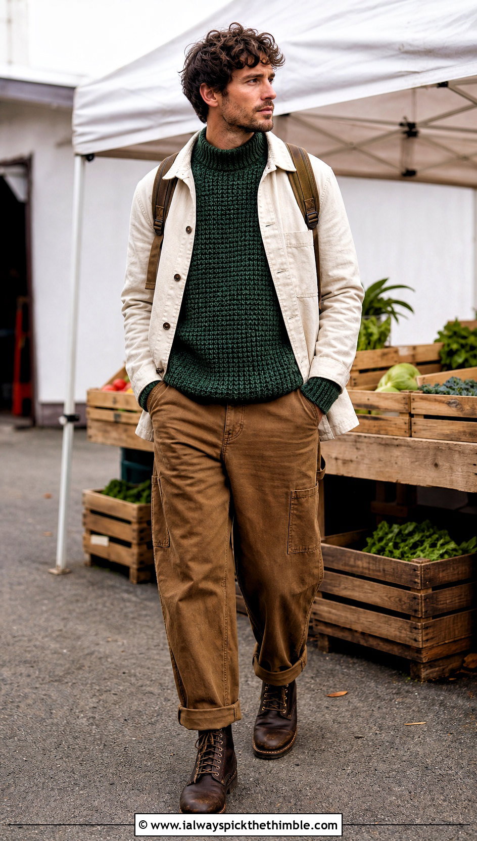 Tunisian Chunky Mock Neck Sweater With Carpenter Pants - 15 Tunisian Crochet Mens Sweater outfit ideas