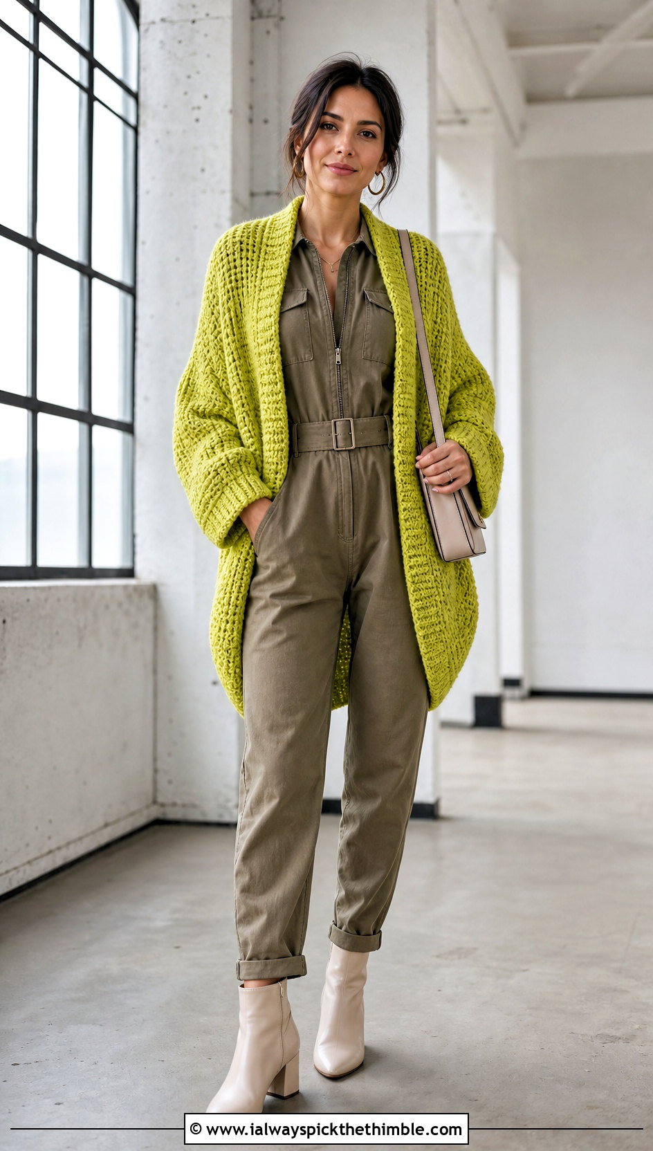 Tunisian Cocoon Cardigan With Utility Jumpsuit - 20 Crochet Tunisian Cardigan outfit ideas