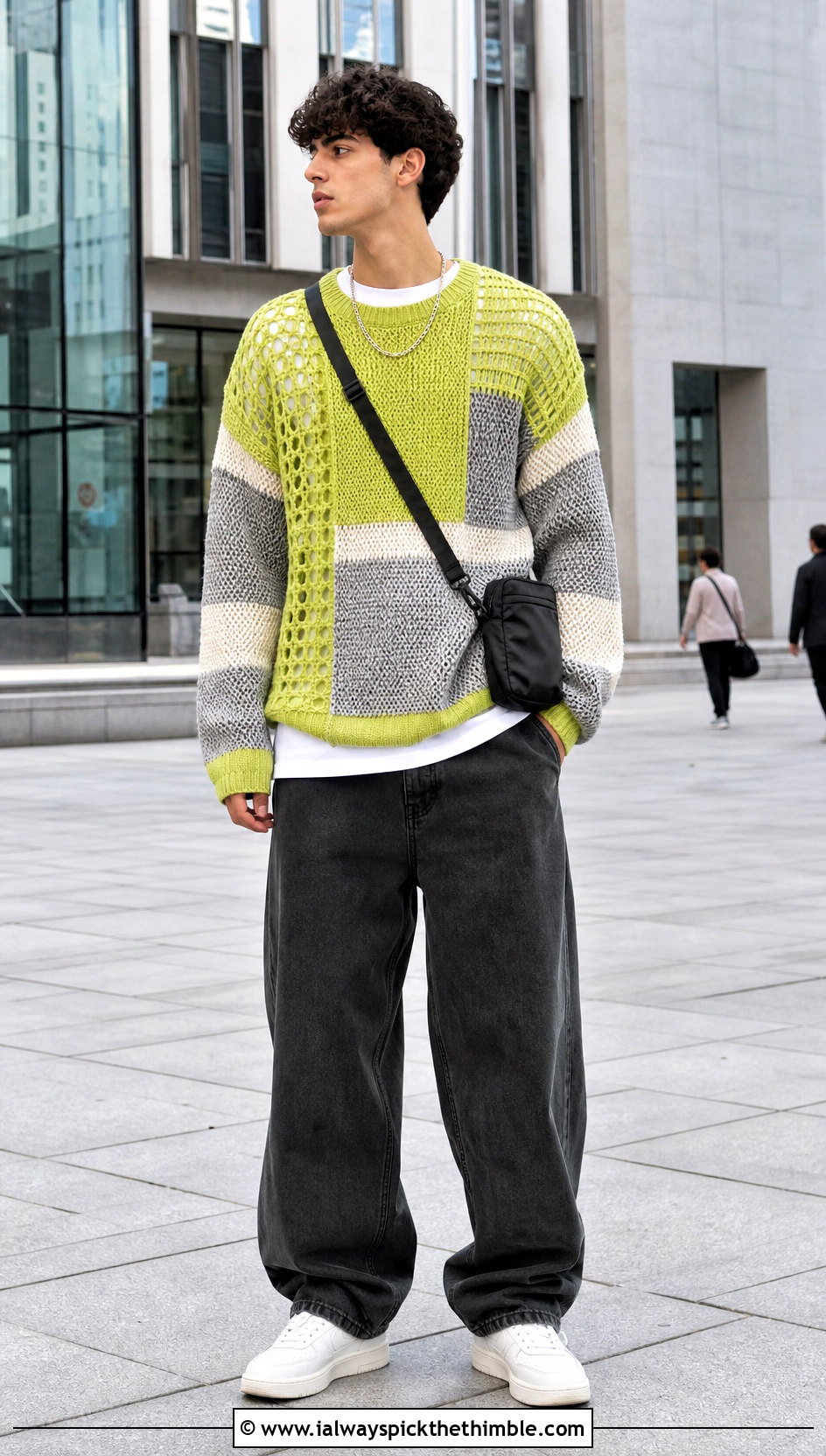 Tunisian Color Block Drop Shoulder Sweater With Baggy Jeans - 15 Tunisian Crochet Mens Sweater outfit ideas