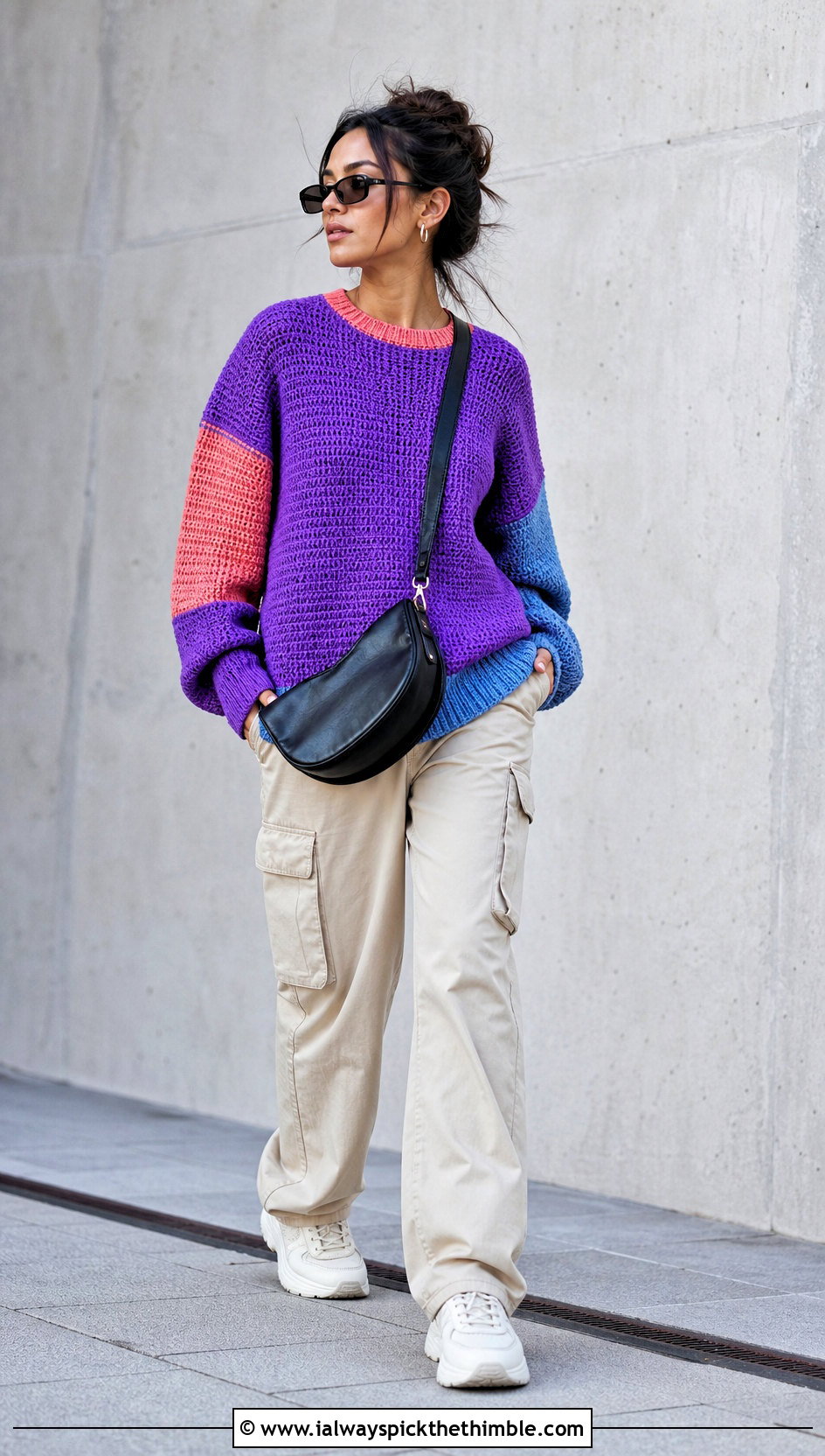 Tunisian Color Block Jumper With Cargo Pants - 20 tunisian crochet jumper outfit ideas