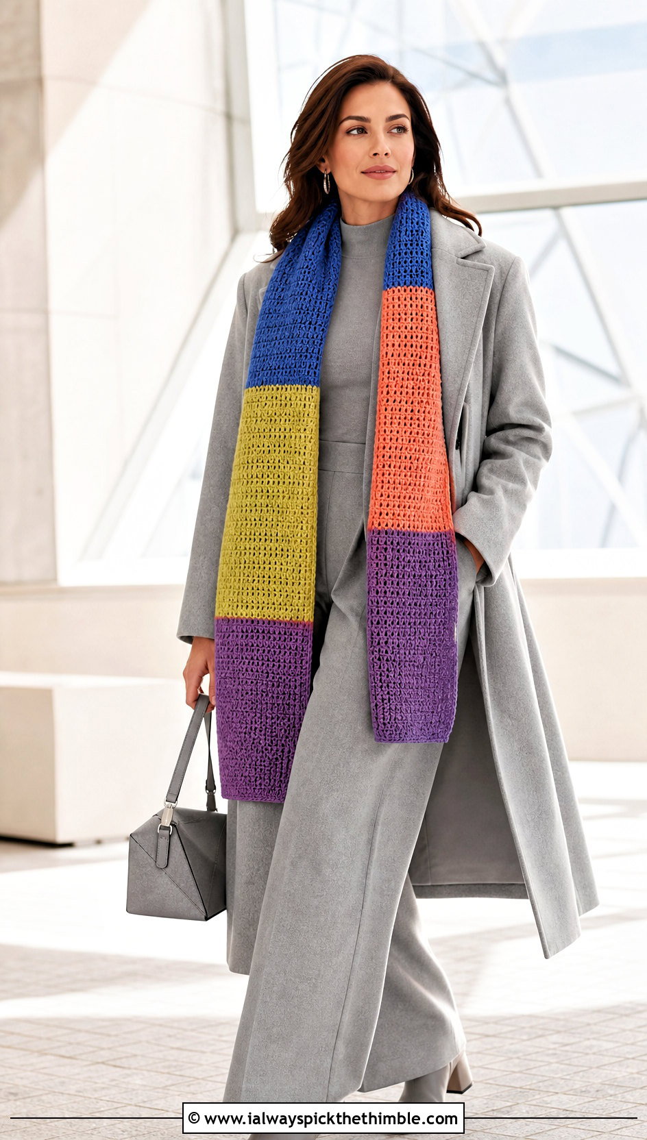 Tunisian Color Block Scarf With Monochrome Outfit - 20 Easy Tunisian Crochet Scarf outfit ideas