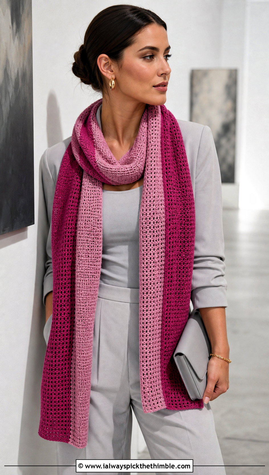 Tunisian Color Block Scarf With Monochrome Suit - 25 tunisian crochet scarf outfit ideas